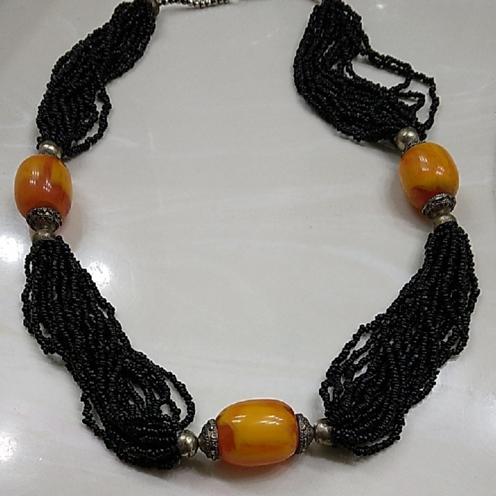 Vintage Orange and Black Beaded Statement Necklace